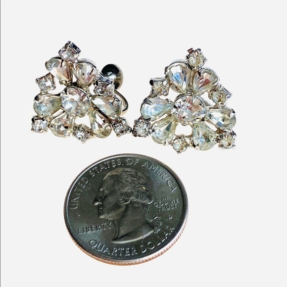 Vintage Rhinestone Crystals Earrings Screw Backs Silver Tone - Picture 5 of 5